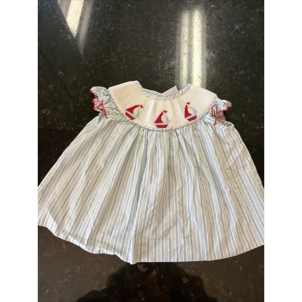 Stitchy Fish Sz 24m Blue White Striped Smocked Dress Sailboat Embroidery Tunic